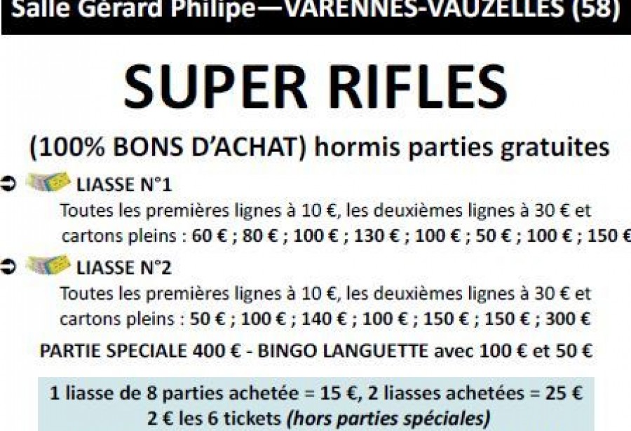 LOTO - RIFLES ASAV Section JUDO - Venez nombreux nous retrouver à la salle Gérard Philipe de Varennes Vauzelles pour notre LOTO - RIFLES 100% BONS d'ACHAT. !